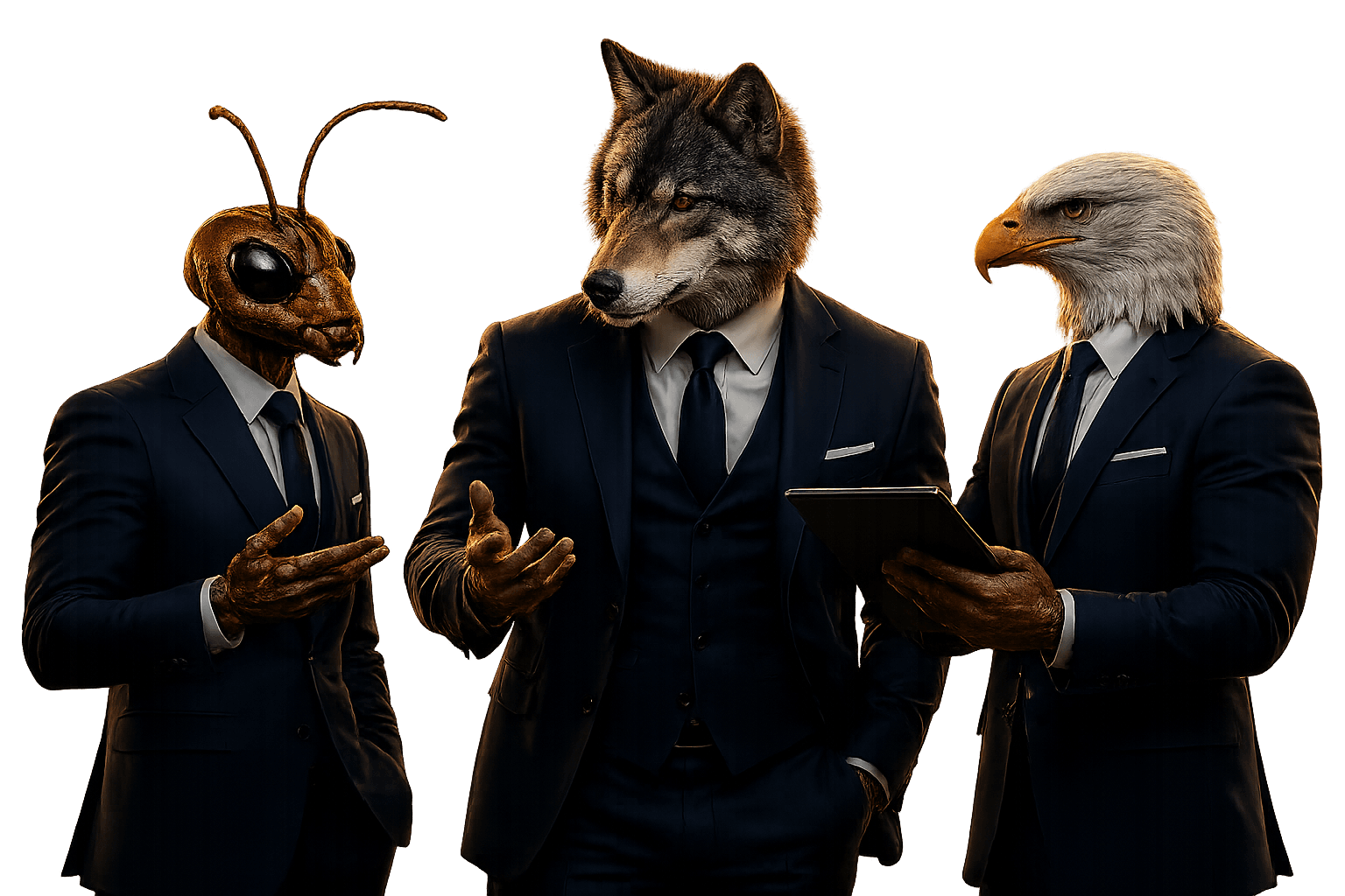 Personagens Formiga, Lobo e Harpia representando a estrutura global do Varejo Investidor