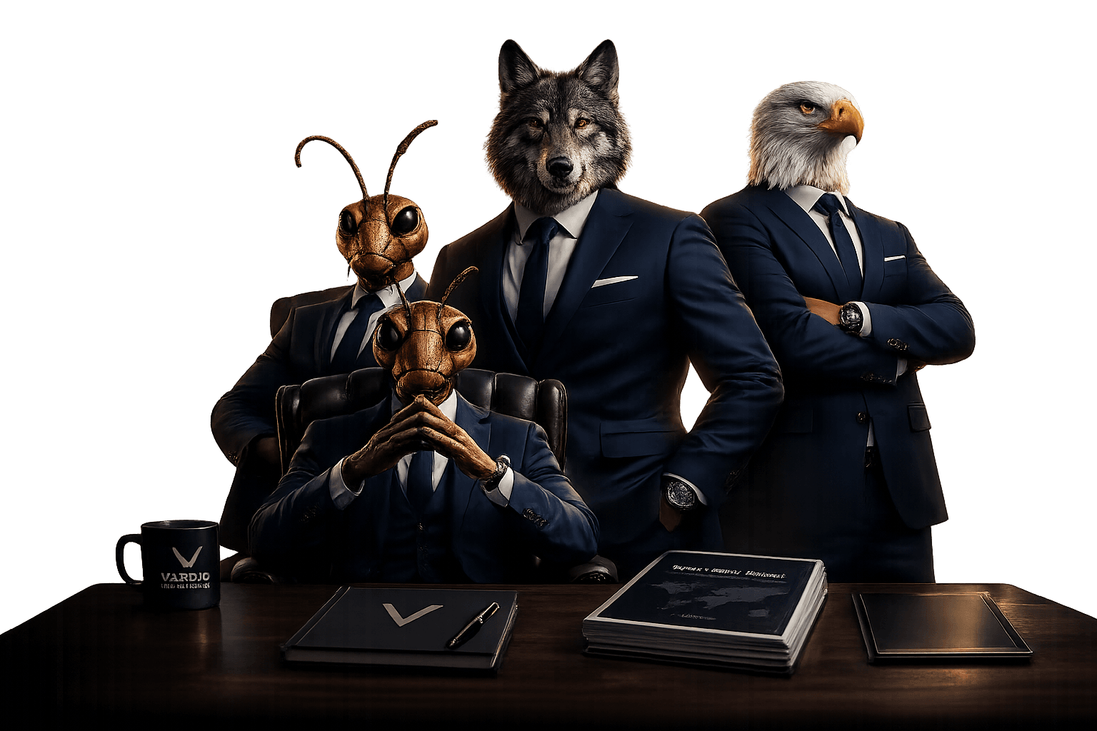 Personagens Formiga, Lobo e Harpia em mesa institucional